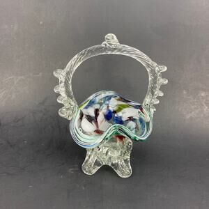 Colorful Hand Blown Glass Basket Four Footed and Fancy 6.5” Tall
